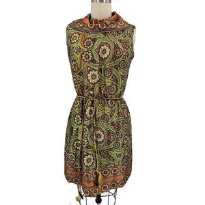VTG 60s 70s Hoot Owl Floral Mini Dress Womens 13 Sleeveless High Neck Mod Belted